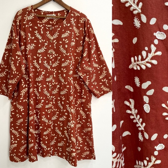 Marketplace Handwork of India Hand Dyed Printed Dress Embroidered Rust Red 3X - Picture 1 of 12